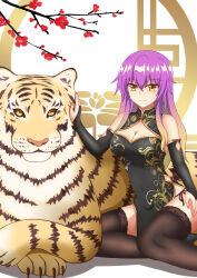 Rule 34 | 1girl, absurdres, alternate costume, black dress, black thighhighs, blonde hair, breasts, china dress, chinese clothes, chinese new year, chinese zodiac, cleavage, closed mouth, commentary request, dress, flower, gradient hair, highres, hijiri byakuren, long hair, looking at viewer, multicolored hair, nengajou, new year, piaoluo de ying huaban, purple hair, red flower, sitting, smile, solo, thighhighs, tiger, touhou, two-tone hair, year of the tiger, yellow eyes