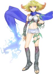 Rule 34 | 1girl, blonde hair, boots, breasts, female focus, fingerless gloves, full body, gloves, hirooka masaki, kid icarus, kid icarus uprising, midriff, multicolored hair, navel, nintendo, official art, phosphora, plant, purple eyes, sandals, scarf, short shorts, shorts, smirk, solo, standing, toes, transparent background, two-tone hair, vines