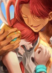 Rule 34 | 1boy, 1girl, closed eyes, commentary request, crying, facial hair, father and daughter, hair over eyes, hair rings, headphones, highres, hug, long hair, multicolored hair, oekakiboya, one piece, one piece film: red, open mouth, red hair, shanks (one piece), shirt, short hair, smile, split-color hair, tears, teeth, two-tone hair, uta (one piece), very long hair, white hair, white shirt