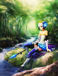 Rule 34 | 1girl, armor, armored dress, bare shoulders, choker, crown, dress, elbow gloves, gloves, greaves, gwendolyn (odin sphere), highres, hironox, multicolored wings, nature, odin sphere, polearm, pteruges, sabatons, short hair, sitting, solo, spear, strapless, strapless dress, thighhighs, water, weapon, white hair, wings