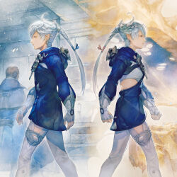 Rule 34 | 1boy, 1girl, ahoge, album cover, alisaie leveilleur, alphinaud leveilleur, blue jacket, braid, braided ponytail, brother and sister, clenched hands, cover, earclip, elezen, elf, expressionless, feet out of frame, final fantasy, final fantasy xiv, fingerless gloves, from side, gloves, hair ribbon, highres, hood, hood down, hooded jacket, jacket, long hair, looking ahead, official art, pants, people, pointy ears, profile, ribbon, siblings, single braid, symmetry, twins, walking, white gloves, white hair, white pants