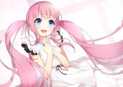 Rule 34 | 1girl, bare arms, black ribbon, blue eyes, bon (bonbon315), commentary request, dress, frills, long hair, looking at viewer, open mouth, original, pink hair, ribbon, simple background, smile, solo, twintails, very long hair, white background, white dress