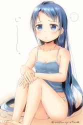 Rule 34 | ..., alternate costume, artist name, bare arms, bare legs, bare shoulders, barefoot, blue eyes, blue hair, blue shirt, blush, breasts, camisole, cleavage, collarbone, commentary request, gradient background, hand on own knee, kantai collection, knees up, long hair, looking at viewer, mae (maesanpicture), panties, pout, samidare (kancolle), shirt, sidelocks, simple background, sitting, small breasts, solo, swept bangs, underwear, underwear only, very long hair, white panties