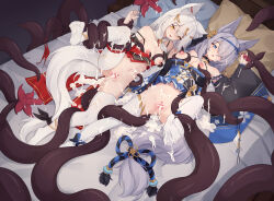 Rule 34 | 2girls, after vaginal, animal ear fluff, animal ears, bar censor, black sleeves, blue dress, blue eyes, breasts, censored, commentary, cum, cum in pussy, cum on clothes, cumdrip, detached sleeves, dress, english commentary, facial, fox ears, fox girl, grey hair, handjob, highres, large breasts, long hair, lying, multiple girls, nipples, no shoes, on back, on bed, open mouth, original, panties, pillow, pussy, red dress, spread legs, tentacles, thighhighs, trimbil, underwear, variant set, white panties, white sleeves, white thighhighs, yellow eyes