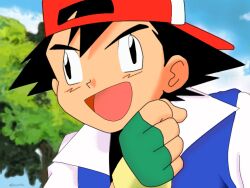 1boy ash_ketchum backwards_hat baseball_cap black_hair clenched_hand creatures_(company) derivative_work dommie95 game_freak gloves green_gloves happy hat meme nintendo open_mouth pokemon pokemon_(anime) pokemon_(classic_anime) redrawn screenshot_redraw spiked_hair