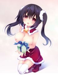 Rule 34 | 1girl, bad id, bad pixiv id, bell, black hair, blush, boots, breasts, collar, detached collar, gift, kanora, kneeling, large breasts, neck bell, nipples, open mouth, original, red eyes, santa costume, solo, thighhighs, twintails, white thighhighs