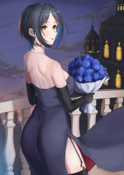 Rule 34 | 1girl, balcony, bare shoulders, black dress, black gloves, black hair, black thighhighs, blue flower, blue rose, bouquet, breasts, castle, cloud, cloudy sky, dress, earrings, elbow gloves, flower, garter straps, gloves, hayami kanade, highres, idolmaster, idolmaster cinderella girls, jewelry, large breasts, looking at viewer, parted bangs, rose, short hair, shougun (chuckni1), side slit, sky, solo, thighhighs, twilight, yellow eyes