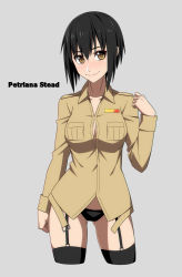 Rule 34 | 1girl, black hair, black panties, black thighhighs, breasts, brown eyes, brown shirt, character name, cleavage, closed mouth, collarbone, collared shirt, commission, cropped legs, dress shirt, garter straps, gluteal fold, grey background, hair between eyes, highres, long sleeves, looking at viewer, medium breasts, panties, petriana stead, pixiv commission, ra-pen, shirt, short hair, simple background, smile, solo, standing, straight hair, strike witches, thighhighs, underwear, wing collar, world witches series