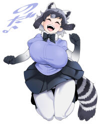 Rule 34 | 1girl, ^ ^, alternate breast size, animal ears, black bow, black bowtie, black hair, black skirt, bodystocking, booth tomato, bouncing breasts, bow, bowtie, breasts, closed eyes, common raccoon (kemono friends), extra ears, facing viewer, floating hair, full body, fur collar, grey hair, hand up, happy, highres, huge breasts, impossible clothes, impossible shirt, jumping, kemono friends, layered sleeves, long sleeves, medium hair, miniskirt, multicolored hair, musical note, open mouth, pleated skirt, puffy short sleeves, puffy sleeves, purple shirt, raccoon ears, raccoon girl, raccoon tail, shirt, short over long sleeves, short sleeves, simple background, skirt, smile, solo, striped tail, tail, teeth, thigh gap, tongue, unaligned breasts, upper teeth only, white background