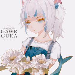 Rule 34 | 1girl, absurdres, animal ears, blue eyes, cat ears, cat girl, character name, closed mouth, fins, fish tail, flower, gawr gura, gawr gura (casual), hair between eyes, hair ornament, highres, holding, holding flower, hololive, hololive english, john kafka, medium hair, overall shorts, overalls, shark girl, shark tail, shirt, side ponytail, simple background, solo, tail, virtual youtuber, white background, white flower, white hair, white shirt