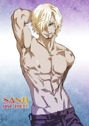 Rule 34 | 1boy, abs, bara, blonde hair, cigarette, curly eyebrows, facial hair, goatee, groin, highres, looking at viewer, male focus, navel, nipples, one piece, sanji (one piece), seductive smile, short hair, smile, solo, stomach, toned, toned male, topless male, yona (edenkasuga)