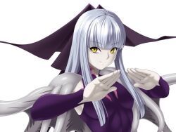 Rule 34 | 1girl, blunt bangs, breasts, commentary request, fushisha o, grey hair, mahou shoujo ai, mahou shoujo ai san, mayu (mahou shoujo ai), pale skin, shoulder pads, small breasts, solo, upper body, white background, yellow eyes
