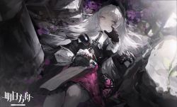 Rule 34 | 1girl, absurdres, arknights, arm up, belt, black gloves, copyright name, flower, gloves, grey eyes, gun, hand on own stomach, head wings, high-waist skirt, highres, irene (arknights), knee up, layered skirt, long hair, looking at viewer, lying, mrilsweet, on back, outstretched arm, pantyhose, parted lips, pillar, purple flower, purple skirt, rapier, rock, shoulder strap, skirt, solo, sword, very long hair, weapon, white hair, white pantyhose, white skirt, wings