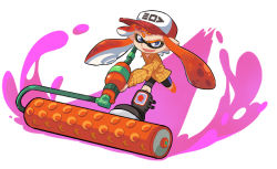 Rule 34 | 1girl, :d, baseball cap, blue eyes, boots, collared shirt, fang, full body, gomipomi, hat, inkling, inkling girl, inkling player character, long sleeves, looking at viewer, nintendo, open mouth, orange hair, paint roller, running, shirt, smile, solo, splat roller (splatoon), splatoon (series), splatoon 1, tentacle hair, white background