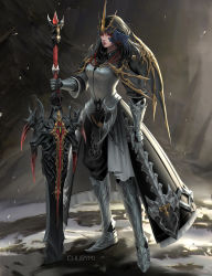 Rule 34 | 1girl, armor, armored dress, artist name, au ra, black hair, breasts, chuby mi, closed mouth, dark knight (final fantasy), dragon horns, facial mark, final fantasy, final fantasy xiv, gauntlets, greatsword, greaves, headdress, highres, holding, holding sword, holding weapon, horns, lips, long hair, looking at viewer, medium breasts, red eyes, scales, single wing, solo, standing, sword, weapon, wings