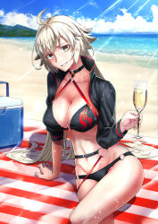 Rule 34 | 1girl, ahoge, beach, bikini, black bikini, black jacket, blush, breasts, choker, cleavage, collarbone, commentary request, day, dousunnen, fate/grand order, fate (series), gloves, hair between eyes, highres, holding, jacket, jeanne d&#039;arc alter (swimsuit berserker) (fate), jeanne d&#039;arc (fate), jeanne d&#039;arc alter (fate), jeanne d&#039;arc alter (swimsuit berserker) (fate), large breasts, long hair, looking at viewer, o-ring, o-ring bikini, ocean, outdoors, shrug (clothing), silver hair, sitting, solo, swimsuit, very long hair, wet, yellow eyes