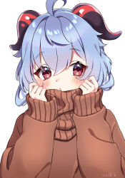 Rule 34 | 1girl, ahoge, blue hair, blush, brown sweater, commentary request, ganyu (genshin impact), genshin impact, hair between eyes, harupipipi4, horns, long sleeves, medium hair, red eyes, simple background, solo, sweater, white background