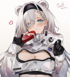 Rule 34 | 1girl, animal ears, arknights, aurora (arknights), bear ears, black hairband, blue eyes, blush, bow, box, braid, breasts, cleavage, closed mouth, crop top, eyes visible through hair, gift, hair ornament, hair over one eye, hairband, hairclip, heart, heart-shaped box, highres, holding, holding gift, large breasts, long hair, long sleeves, looking at viewer, milluun, open clothes, paid reward available, pink bow, signature, silver hair, single braid, smile, solo, sports bra, twitter username, unzipped, upper body, valentine, very long hair