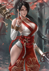 Rule 34 | 1girl, ass, bare shoulders, bell, black hair, breasts, cleavage, closed mouth, collarbone, contrapposto, dead or alive, detached sleeves, floating hair, hair ornament, hand up, highres, hip vent, large breasts, legs apart, lips, long sleeves, looking at viewer, momiji (ninja gaiden), naginata, ninja gaiden, outdoors, pants, polearm, red pants, red sash, revealing clothes, sash, simple background, solo, swept bangs, tecmo, thighs, tree, weapon, wind, wtparadise