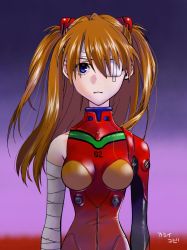 Rule 34 | 1girl, bandaged arm, bandages, blue eyes, bodysuit, breasts, brown hair, curvy, expressionless, floating hair, hair ornament, highres, long hair, long sleeves, looking at viewer, neon genesis evangelion, plugsuit, red bodysuit, shiny clothes, simple background, solo, souryuu asuka langley, standing, the end of evangelion, twintails, two side up, very long hair, wide hips, yubi kamii