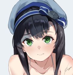 Rule 34 | 1girl, absurdres, bare shoulders, black hair, blush, closed mouth, collarbone, commentary, freckles, green eyes, grey background, hat, highres, kantai collection, long hair, matsuwa (kancolle), sailor hat, signature, simple background, solo, sui (sui27shika), tears, upper body, white hat