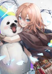 Rule 34 | 1girl, animal, animal hug, bag, blue eyes, breasts, brown gloves, brown hair, cape, character request, copyright request, crop top, douya (233), from side, gloves, grin, hair between eyes, happy, hood, hood down, hooded cape, hug, looking at viewer, muimi (princess connect!), princess connect!, seal (animal), shirt, short sleeves, small breasts, smile, solo, torn cape, torn clothes, torn shirt, upper body, water
