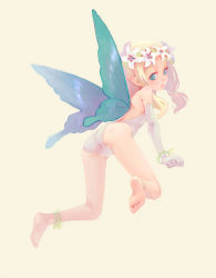 Rule 34 | 1girl, all fours, ass, barefoot, blonde hair, blue eyes, elbow gloves, fairy, from behind, gloves, hair ornament, long hair, original, pointy ears, simple background, soles, solo, weno, wings