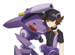 Rule 34 | 1boy, black headwear, brown eyes, brown hair, cannon, claws, colored sclera, commentary request, creatures (company), game freak, gen 5 pokemon, genesect, highres, hilbert (pokemon), hilbert (sygna suit) (pokemon), legendary pokemon, male focus, mio14s, mythical pokemon, nintendo, official alternate costume, pokemon, pokemon (creature), pokemon masters ex, red sclera, simple background, upper body, white background, zipper pull tab