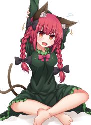 Rule 34 | 1girl, :d, absurdres, animal ears, arm up, barefoot, blush, braid, breasts, cat ears, cat tail, dress, green dress, highres, indian style, kaenbyou rin, long hair, medium breasts, multiple tails, nekomata, open mouth, red eyes, red hair, simple background, sitting, siw0n, smile, solo, tail, toes, touhou, twin braids, twintails, two tails, white background