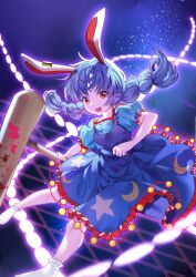 Rule 34 | 1girl, absurdres, ambiguous red liquid, animal ears, blue dress, blue hair, crescent print, danmaku, dress, earclip, frilled dress, frills, highres, kanta (pixiv9296614), kine, long hair, mallet, open mouth, puffy short sleeves, puffy sleeves, rabbit ears, red eyes, seiran (touhou), short sleeves, smile, socks, solo, star (symbol), star print, touhou, white socks