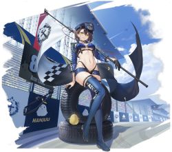 Rule 34 | 1girl, artist request, azur lane, baltimore (azur lane), baltimore (finish line flagbearer) (azur lane), black gloves, black panties, blue bra, blue footwear, blue hat, blue shorts, boots, bra, breasts, brown hair, day, flag, full body, gloves, hat, highleg, highleg panties, highres, holding, holding flag, looking at viewer, medium breasts, navel, official alternate costume, official art, outdoors, panties, race queen, short hair, short shorts, shorts, shrug (clothing), single glove, smile, solo, thigh boots, tire, transparent background, underwear, yellow eyes