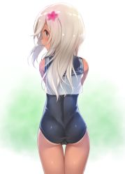 Rule 34 | 10s, 1girl, ass, blue eyes, cameltoe, flower, from behind, hair flower, hair ornament, kantai collection, long hair, one-piece swimsuit, pokachu, profile, ro-500 (kancolle), sailor collar, school swimsuit, simple background, swimsuit, tan, tanline, thigh gap, white hair