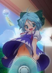 Rule 34 | 1girl, blue dress, blue eyes, blue hair, blue sky, bow, censored, cirno, cloud, convenient censoring, day, dress, electric fan, fanning crotch, from below, hair bow, matching hair/eyes, midriff, millipen (medium), navel, no panties, open mouth, puffy sleeves, shirt, short hair, short sleeves, sky, solo, touhou, traditional media, upskirt, utage nicholas, wind, wind chime, wind lift, wings