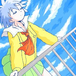 Rule 34 | blue hair, closed eyes, lowres, oekaki, rooftop, school uniform, shizuku (game), solo, tsukishima ruriko