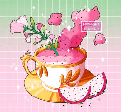 Rule 34 | absurdres, commentary, cup, dragon, dragon fruit, dragon fruit slice, english commentary, english text, flower, food focus, gradient background, green background, grid background, highres, megan koch, no humans, original, pink background, pink flower, saucer, seed, smoke, sparkle, tea, teacup, watermark, white flower