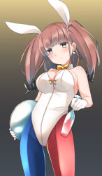 Rule 34 | 1girl, alternate costume, animal ears, asymmetrical legwear, atlanta (kancolle), blush, breasts, brown hair, cleavage, comah, cup, detached collar, earrings, fake animal ears, gloves, gradient background, grey eyes, holding, holding cup, holding tray, jewelry, kantai collection, large breasts, leotard, long hair, mismatched legwear, pantyhose, playboy bunny, rabbit ears, solo, star (symbol), star earrings, tray, two side up, white gloves, white leotard