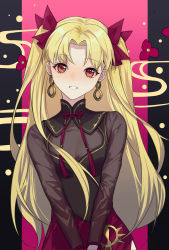 Rule 34 | 1girl, blonde hair, bow, commentary, danxing aipangzi, earrings, ereshkigal (fate), ereshkigal (youming niangniang) (fate), fate/grand order, fate (series), flower, hair bow, high collar, highres, jewelry, long hair, long sleeves, looking at viewer, multicolored background, official alternate costume, parted bangs, red bow, red eyes, red flower, smile, solo, tassel, two side up, upper body, vietnamese dress
