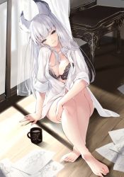 Rule 34 | 1girl, 218, animal ears, arm support, black bra, blue eyes, bra, breasts, cleavage, closed mouth, coffee mug, commentary request, cup, curtains, drawing, erune, fingernails, granblue fantasy, head tilt, indoors, korwa, large breasts, long hair, long sleeves, looking at viewer, mug, on floor, paper, partially unbuttoned, shirt, silver hair, sitting, sleeves rolled up, smile, solo, table, transparent, underwear, vanity table, very long hair, white shirt, window, wooden floor