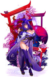 Rule 34 | 1girl, bird, blush, braid, breasts, bridal gauntlets, cherry blossoms, cleavage, coattails, commentary request, floral print, flower, full body, genshin impact, geta, gunmetalrose, hair ornament, highres, japanese clothes, kimono, large breasts, long hair, long sleeves, looking at viewer, magic circle, mitsudomoe (shape), mole, mole under eye, nail polish, obi, obiage, obijime, parted lips, purple eyes, purple flower, purple hair, purple nails, purple thighhighs, raiden shogun, ribbon, sash, simple background, smile, solo, tassel, thighhighs, tomoe (symbol), torii, white background, wide sleeves