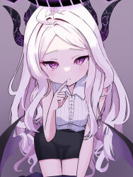 Rule 34 | 1girl, ahoge, black skirt, blue archive, blush, commentary request, cowboy shot, demon girl, finger to mouth, grey background, highres, hina (blue archive), horns, ichipon1515, leaning forward, long hair, looking at viewer, low wings, purple eyes, shirt, simple background, skirt, sleeveless, sleeveless shirt, solo, white hair, white shirt, wings