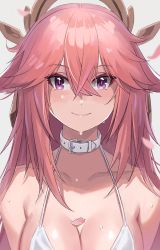 Rule 34 | 1girl, absurdres, alternate costume, animal ears, bare shoulders, bdsm, belt, bikini, bikini top only, breasts, cleavage, collar, collarbone, commentary request, forgetf4, fox ears, fox girl, genshin impact, hair between eyes, hair ornament, highres, long hair, looking at viewer, petals, pink hair, purple eyes, sidelocks, simple background, slave, smile, solo, spaghetti strap, sweat, swimsuit, white background, white bikini, yae miko