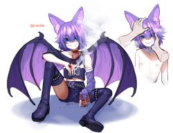 Rule 34 | 1girl, 1other, absurdres, bat girl, blood, blue shirt, boots, cigarette, collarbone, commission, fangs, grin, highres, looking at viewer, nipples, nude, original, popopoka, purple hair, purple shorts, shiny clothes, shirt, short hair, shorts, sitting, smile, smoke, stigmata, teeth, thigh boots, thighhighs, wings