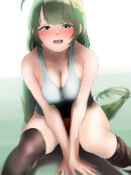 Rule 34 | 1girl, black thighhighs, blouse, blush, breasts, commentary request, covered erect nipples, gradient background, green eyes, green hair, grey shirt, highres, kantai collection, large breasts, long hair, looking at viewer, mole, mole under mouth, no panties, open mouth, shirt, sitting, sleeveless, sleeveless shirt, smile, solo, tama (tamago), teeth, thighhighs, tongue, tongue out, very long hair, yuugumo (kancolle)