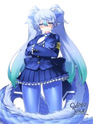 Rule 34 | 10s, 1girl, animal ears, aqua hair, artist name, blue eyes, blue gloves, blue hair, blue jacket, blue pantyhose, blue shirt, blue skirt, blush, breasts, collared shirt, commentary request, covering privates, covering breasts, crossed arms, dated, extra ears, eyes visible through hair, frilled skirt, frills, fur, gloves, gradient hair, hair between eyes, highres, jacket, kemono friends, large breasts, long hair, long sleeves, looking at viewer, multicolored hair, necktie, pantyhose, pleated skirt, seiryuu (kemono friends), shirt, signature, simple background, skirt, solo, tail, twintails, v-shaped eyebrows, very long hair, white background, white necktie, yoshida hideyuki