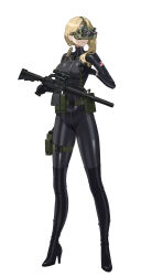Rule 34 | absurdres, american flag, assault rifle, black bodysuit, black footwear, black gloves, blonde hair, bodysuit, boots, breasts, gloves, gun, harness, high heel boots, high heels, highres, holding, holding gun, holding weapon, impossible clothes, latex, latex bodysuit, long hair, looking to the side, military, night vision device, original, pouch, rifle, skin tight, tactical clothes, thigh boots, thigh pouch, weapon, white background, wsfw, yellow eyes