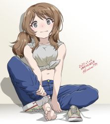 Rule 34 | 1girl, :|, assault lily, bare arms, barefoot, blue pants, breasts, brown hair, buttons, closed mouth, collarbone, commentary request, cross-laced footwear, dated, flower, full body, gradient background, grey eyes, grey shirt, hair ornament, hands on own legs, highres, iijima renka, knee up, knives (knives777), light blush, long hair, looking at viewer, low ponytail, medium breasts, midriff, pants, shadow, shirt, shoes, unworn shoes, short sleeves, side ponytail, sidelocks, single shoe, sitting, sleeves pushed up, sneakers, soles, solo, star (symbol), star hair ornament, swept bangs, tied shirt, toes, translation request, twitter username, white background, yellow background, yellow flower