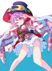 Rule 34 | 1girl, bare legs, bowl, bowl hat, floral print, from below, hat, hokuto (scichil), japanese clothes, kimono, long hair, no panties, obi, one eye closed, petticoat, pink eyes, purple hair, sash, simple background, smile, solo, sparkle, sukuna shinmyoumaru, touhou, upskirt, wide sleeves
