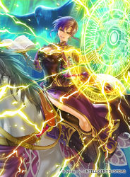 Rule 34 | 1girl, bird, book, breasts, cleavage, company name, copyright name, crow, dress, earrings, elbow gloves, fire emblem, fire emblem: the blazing blade, fire emblem cipher, gloves, horse, horseback riding, jewelry, kita senri, large breasts, magic circle, nintendo, official art, purple eyes, purple hair, riding, short hair, side slit, smile, solo, ursula (fire emblem)