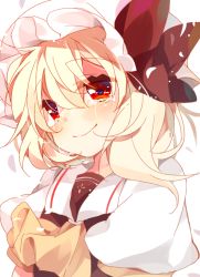Rule 34 | 1girl, ascot, blonde hair, blush, crying, crying with eyes open, flandre scarlet, hat, hat ribbon, kazato fuuchi, looking at viewer, mob cap, puffy sleeves, red eyes, ribbon, shirt, short sleeves, side ponytail, simple background, smile, solo, tears, touhou, upper body, vest, white background