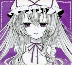 Rule 34 | 1girl, bow, bowtie, breasts, closed mouth, collarbone, commentary request, dress, eyes visible through hair, framed, frills, grey hair, hair between eyes, hat, hat bow, highres, long hair, looking at viewer, marker (medium), medium breasts, mob cap, puffy short sleeves, puffy sleeves, purple background, purple bow, purple bowtie, purple dress, purple eyes, purple theme, short sleeves, simple background, smile, solo, touhou, traditional media, upper body, white hat, yakumo yukari, yuuki hana (jtnp5334)